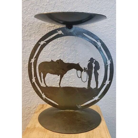 Courting Cowboy w/Horse Medallion Laser Cut Metal Candle Holder Barbed Wire - Picture 1 of 9